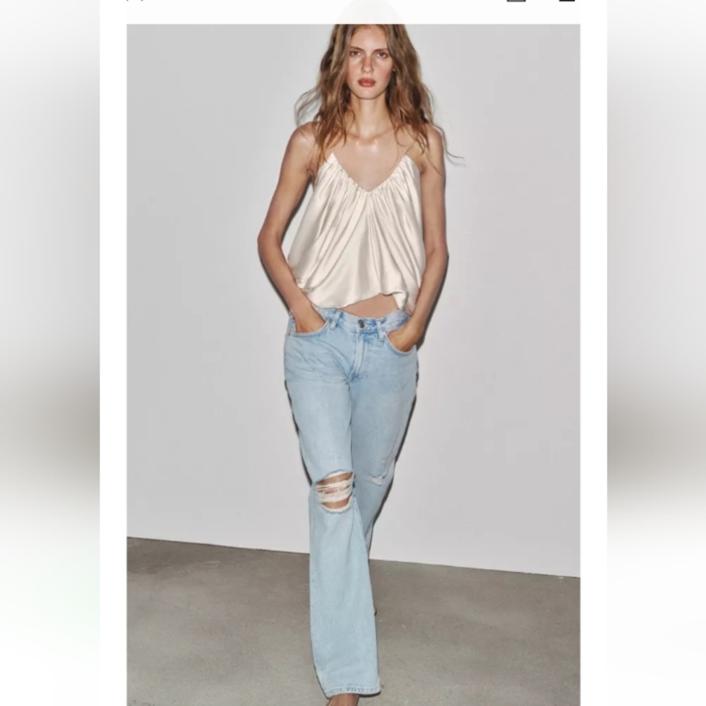 Zara Zw Collection Light Blue Mid-Rise Straight Leg Distressed Jeans